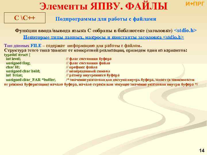 Элементы ЯПВУ. ФАЙЛЫ C С++ И+ПРГ Подпрограммы для работы с файлами Функции ввода/вывода языка