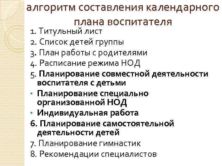 алгоритм составления календарного плана воспитателя 1. Титульный лист 2. Список детей группы 3. План