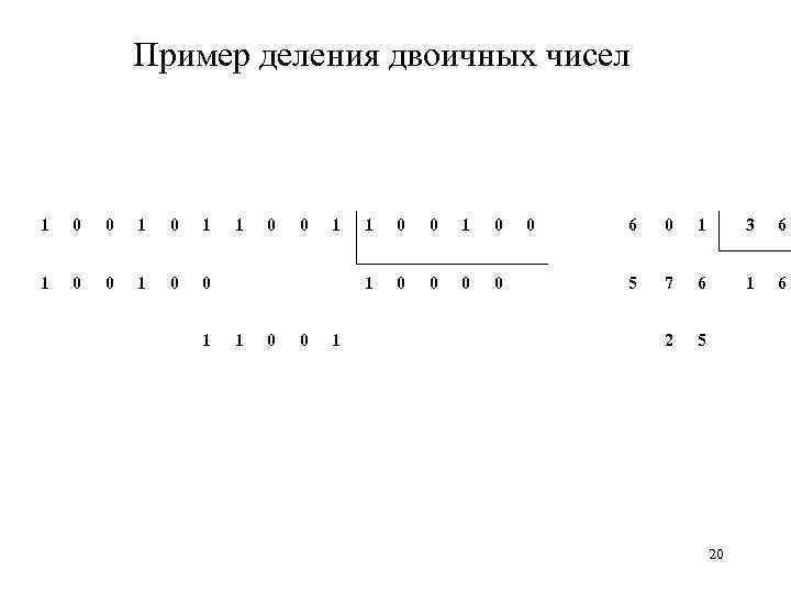 Пример деления двоичных чисел 1 0 0 1 0 0 6 0 1 3