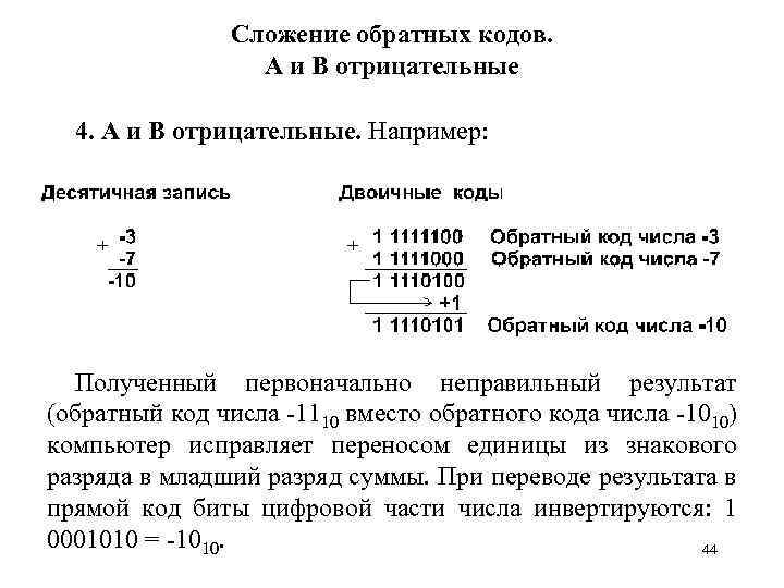 Сложение обратных кодов. А и В отрицательные 4. А и В отрицательные. Например: Полученный