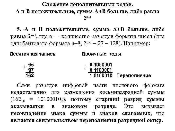 Сложение дополнительных кодов. А и В положительные, сумма А+В больше, либо равна 2 n