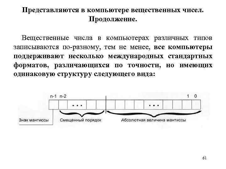 Представляются в компьютере вещественных чисел. Продолжение. Вещественные числа в компьютерах различных типов записываются по-разному,