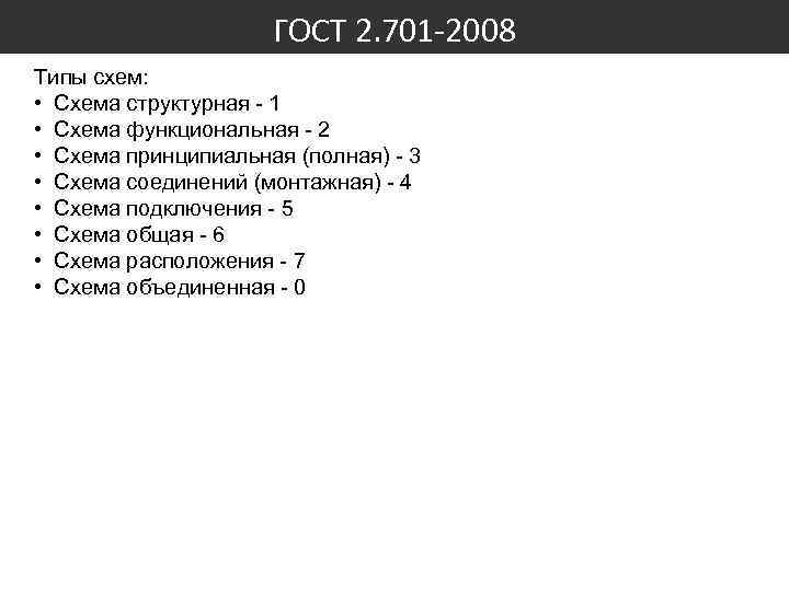 ГОСТ 2. 701 -2008 Типы схем: • Схема структурная - 1 • Схема функциональная