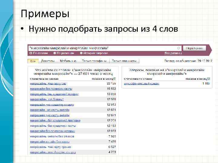 Примеры • Нужно подобрать запросы из 4 слов 