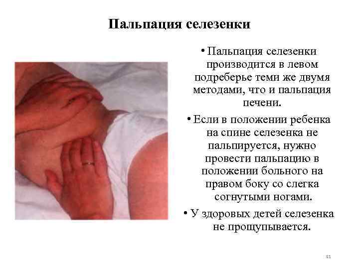 Пальпация селезенки • Пальпация селезенки производится в левом подреберье теми же двумя методами, что