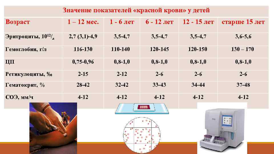 Значение показателей «красной крови» у детей Возраст 1 – 12 мес. 1 - 6