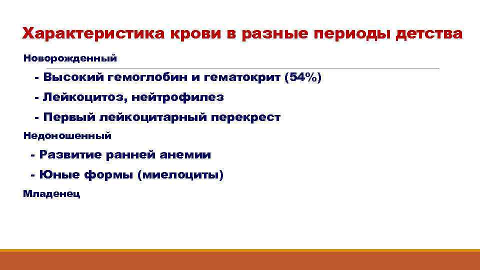 Характеристика крови в разные периоды детства Новорожденный - Высокий гемоглобин и гематокрит (54%) -