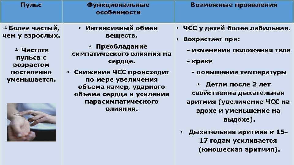 Пульс Функциональные особенности Возможные проявления ñБолее частый, чем у взрослых. • Интенсивный обмен веществ.