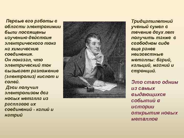 Первые его работы в области электрохимии были посвящены изучению действия электрического тока на химические