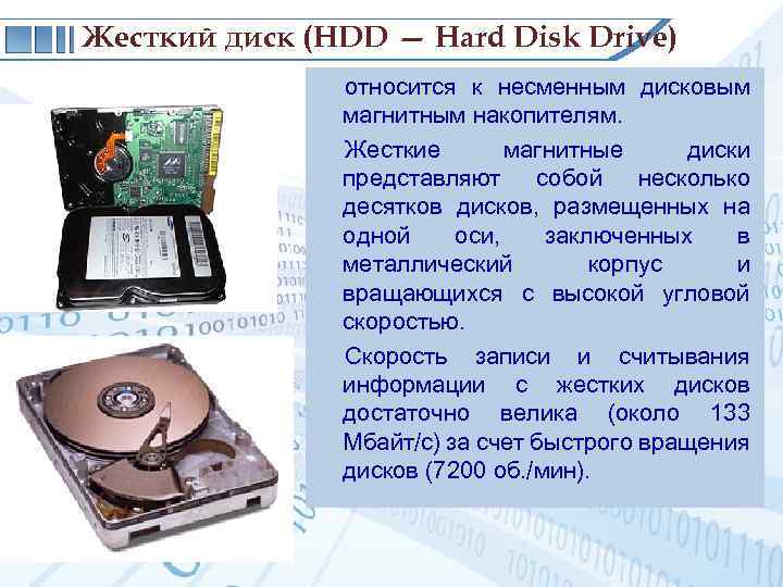 Жесткий диск (HDD — Hard Disk Drive) относится к несменным дисковым магнитным накопителям. Жесткие