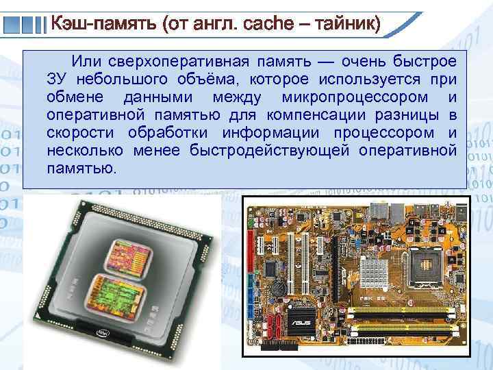 Кэш-память (от англ. caсhe – тайник) Или сверхоперативная память — очень быстрое ЗУ небольшого