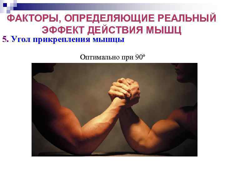ФАКТОРЫ, ОПРЕДЕЛЯЮЩИЕ РЕАЛЬНЫЙ ЭФФЕКТ ДЕЙСТВИЯ МЫШЦ 5. Угол прикрепления мышцы Оптимально при 90º 