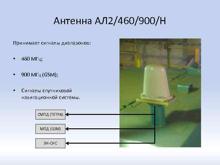Антенна АЛ 2/460/900/Н Принимает сигналы диапазонов: • 460 МГц; • 900 МГц (GSM); •