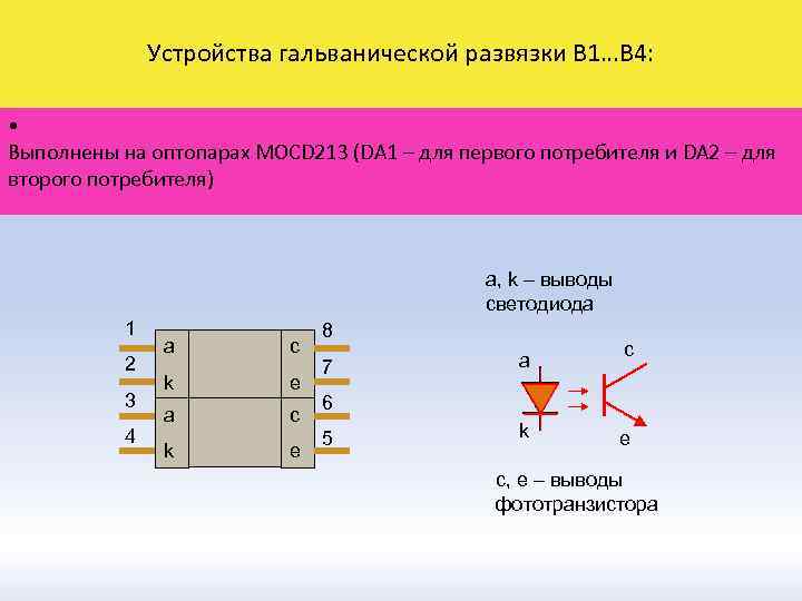 Устройства гальванической развязки В 1…В 4: • Выполнены на оптопарах MOCD 213 (DA 1