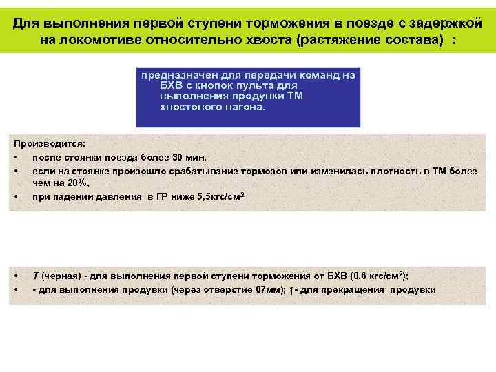 Для выполнения первой ступени торможения в поезде с задержкой на локомотиве относительно хвоста (растяжение