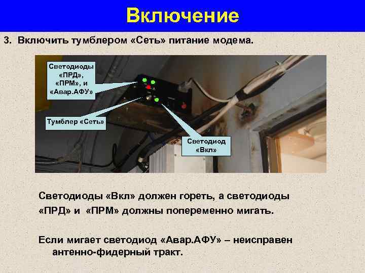 Включение 3. Включить тумблером «Сеть» питание модема. Светодиоды «ПРД» , «ПРМ» , и «Авар.