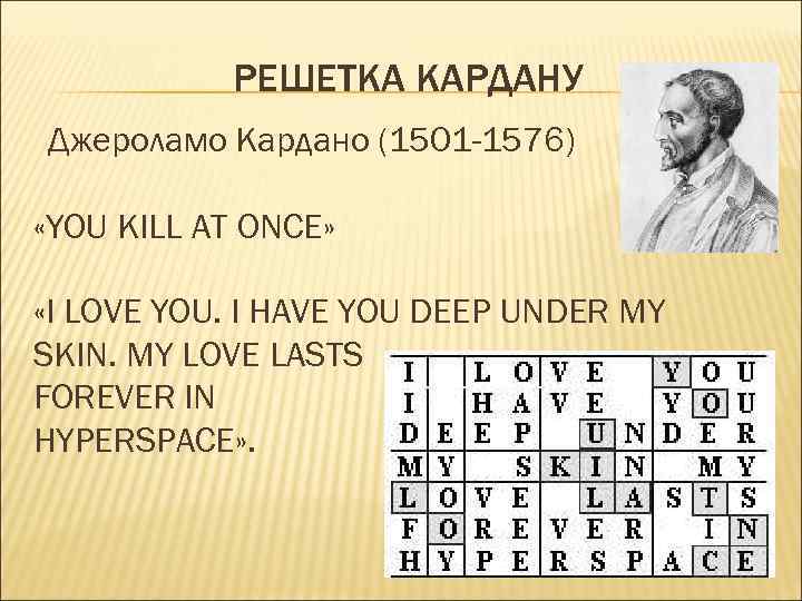 РЕШЕТКА КАРДАНУ Джероламо Кардано (1501 -1576) «YOU KILL AT ONCE» «I LOVE YOU. I