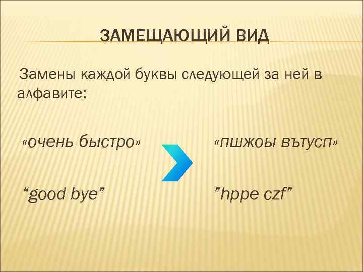 ЗАМЕЩАЮЩИЙ ВИД Замены каждой буквы следующей за ней в алфавите: «очень быстро» «пшжоы вътусп»