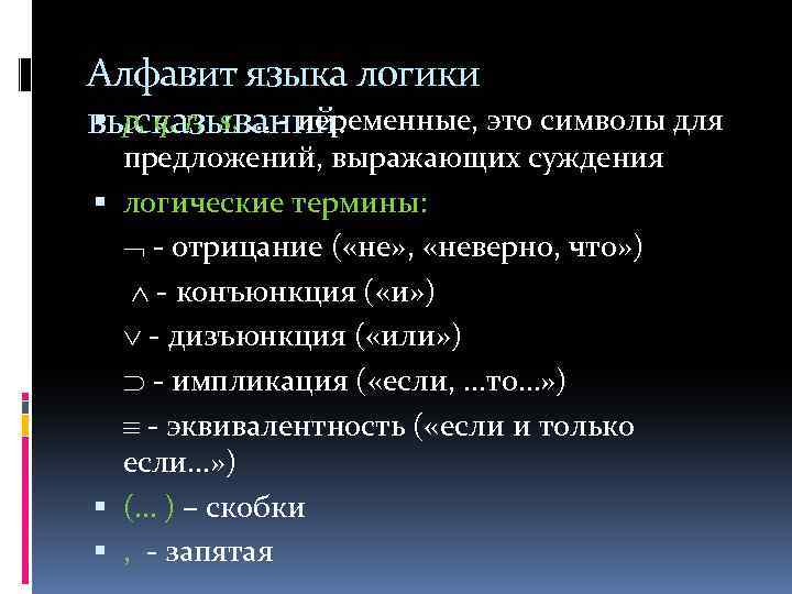 Логический язык символов. Алфавит языка логики. Алфавит языка логики высказываний. Алфавит языка логики предикатов. Символический язык логики высказываний.