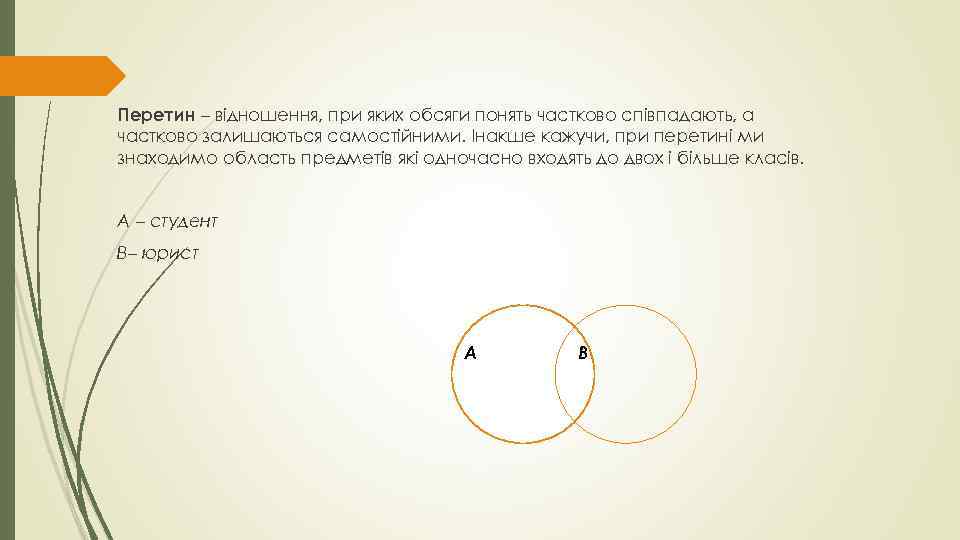 Перетин – відношення, при яких обсяги понять частково співпадають, а частково залишаються самостійними. Інакше