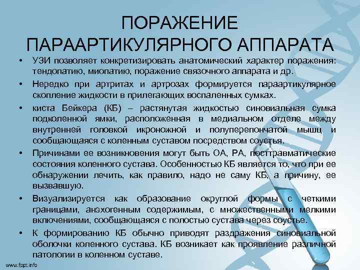 ПОРАЖЕНИЕ ПАРААРТИКУЛЯРНОГО АППАРАТА • • • УЗИ позволяет конкретизировать анатомический характер поражения: тендопатию, миопатию,