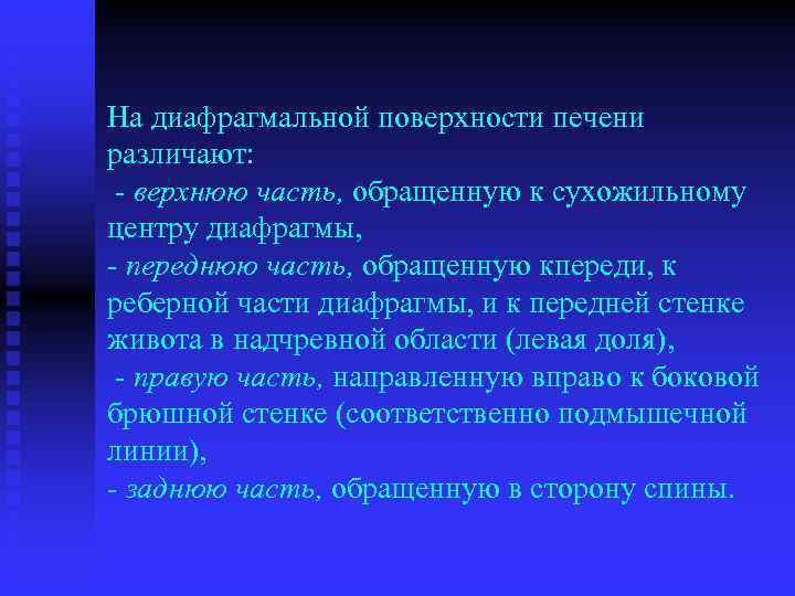 На диафрагмальной поверхности печени различают: верхнюю часть, обращенную к сухожильному центру диафрагмы, переднюю часть,