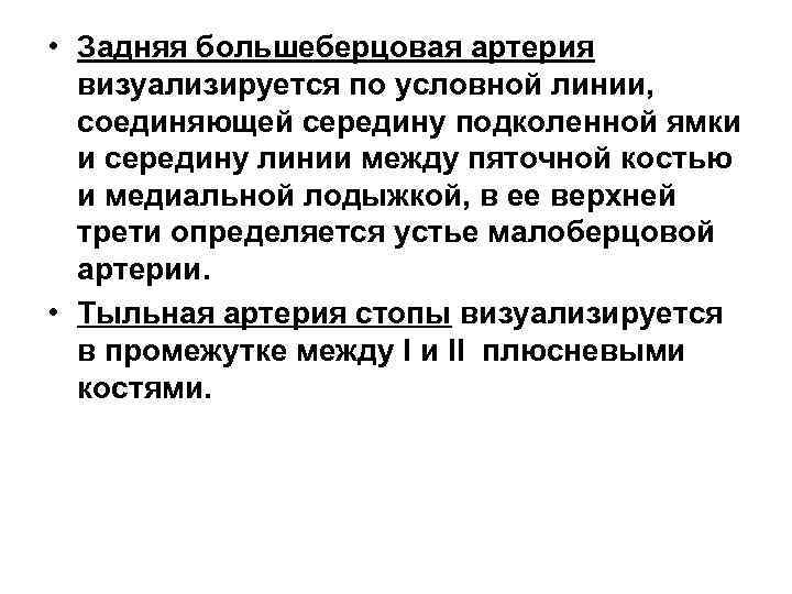  • Задняя большеберцовая артерия визуализируется по условной линии, соединяющей середину подколенной ямки и