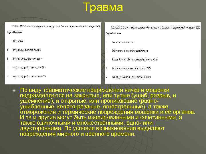 Травма u По виду травматические повреждения яичка и мошонки подразделяются на закрытые, или тупые