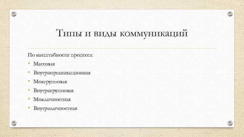 Типы и виды коммуникаций По масштабности процесса: • • • Массовая Внутриорганизационная Межгрупповая Внутригрупповая