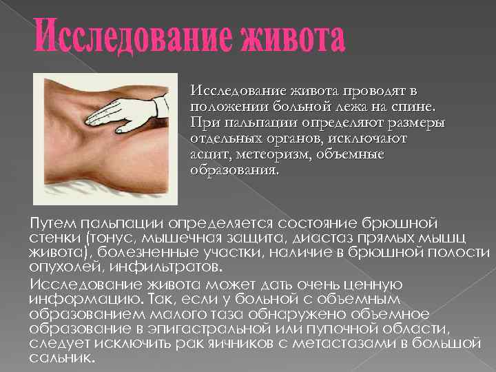 Исследование живота проводят в положении больной лежа на спине. При пальпации определяют размеры отдельных