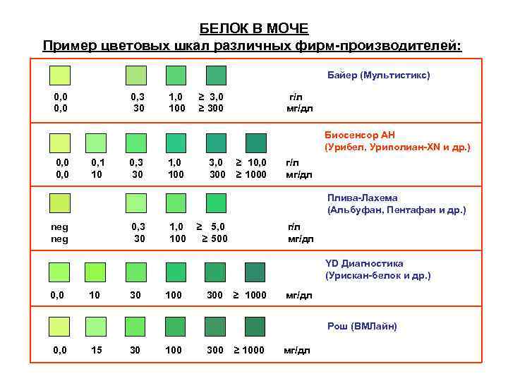  БЕЛОК В МОЧЕ Пример цветовых шкал различных фирм-производителей: Байер (Мультистикс) 0, 0 0,