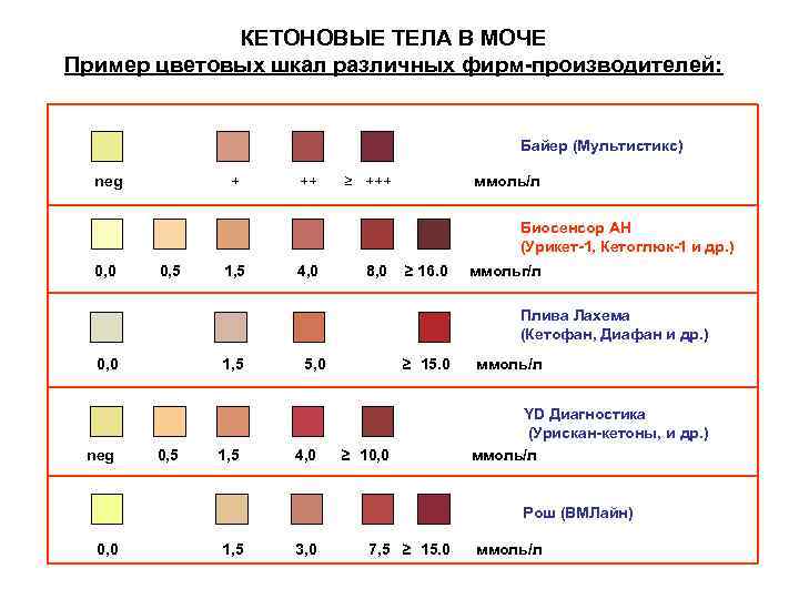 КЕТОНОВЫЕ ТЕЛА В МОЧЕ Пример цветовых шкал различных фирм-производителей: Байер (Мультистикс) neg ++ ≥