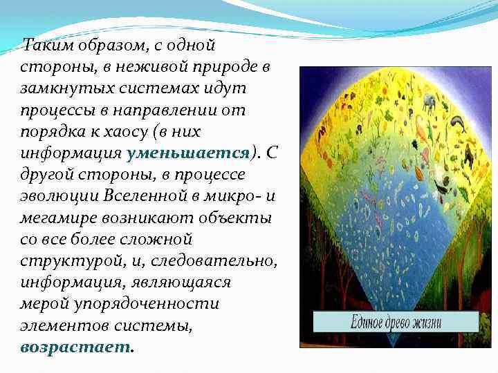 Таким образом, с одной стороны, в неживой природе в замкнутых системах идут процессы в