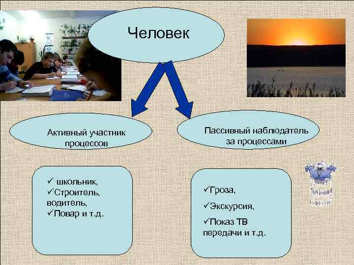 Человек Активный участник процессов ü школьник, üСтроитель, водитель, üПовар и т. д. Пассивный наблюдатель