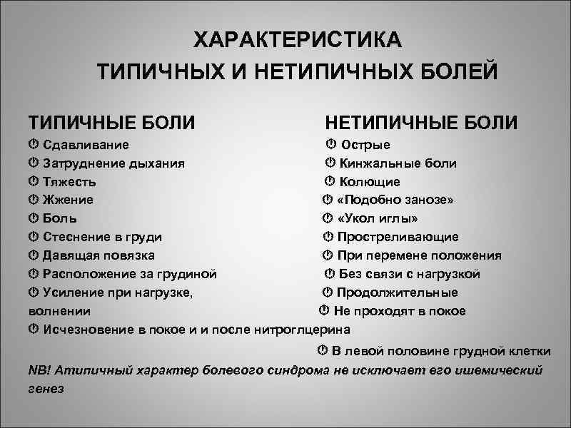 ХАРАКТЕРИСТИКА ТИПИЧНЫХ И НЕТИПИЧНЫХ БОЛЕЙ ТИПИЧНЫЕ БОЛИ НЕТИПИЧНЫЕ БОЛИ Сдавливание Острые Затруднение дыхания Кинжальные