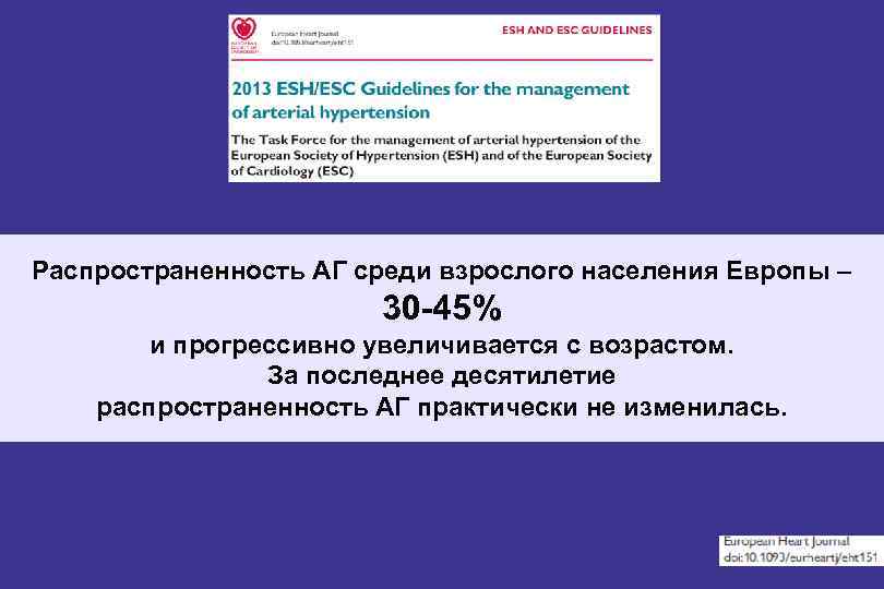 Распространенность АГ среди взрослого населения Европы – 30 -45% и прогрессивно увеличивается с возрастом.