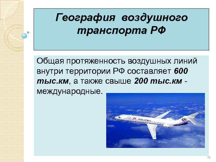 География воздушного транспорта РФ Общая протяженность воздушных линий внутри территории РФ составляет 600 тыс.