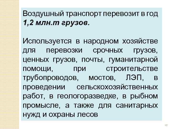 Воздушный транспорт перевозит в год 1, 2 млн. т грузов. Используется в народном хозяйстве