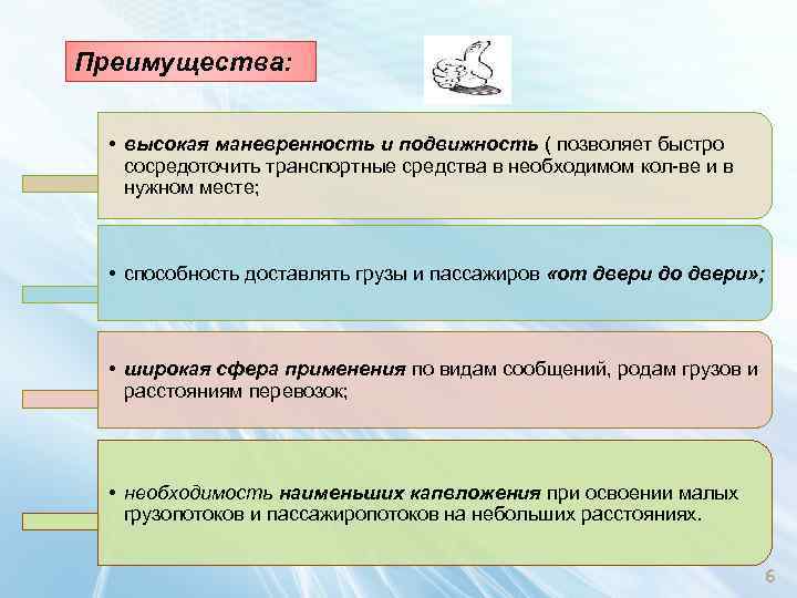 Преимущества: • высокая маневренность и подвижность ( позволяет быстро сосредоточить транспортные средства в необходимом