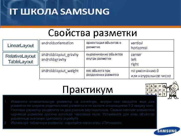 Свойства разметки Relative. Layout Table. Layout android: orientation ориентация объектов в разметке vertical horizontal