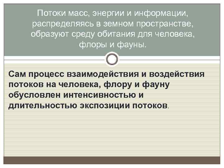 Потоки масс, энергии и информации, распределяясь в земном пространстве, образуют среду обитания для человека,