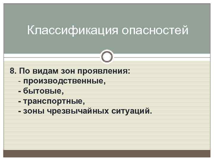 Классификация опасностей 8. По видам зон проявления: - производственные, - бытовые, - транспортные, -