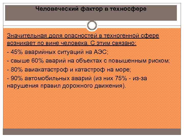 Человеческий фактор в техносфере Значительная доля опасностей в техногенной сфере возникает по вине человека.