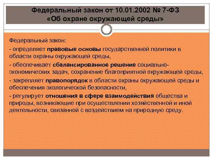 Федеральный закон от 10. 01. 2002 № 7 -ФЗ «Об охране окружающей среды» Федеральный