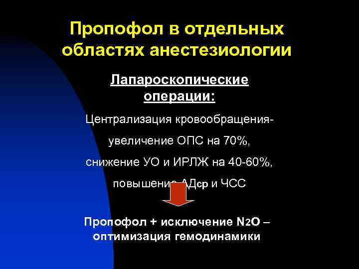 Пропофол в отдельных областях анестезиологии Лапароскопические операции: Централизация кровообращенияувеличение ОПС на 70%, снижение УО