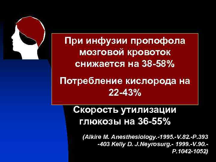 При инфузии пропофола мозговой кровоток снижается на 38 -58% Потребление кислорода на 22 -43%