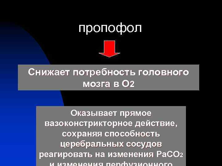 пропофол Снижает потребность головного мозга в О 2 Оказывает прямое вазоконстрикторное действие, сохраняя способность