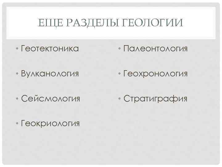 ЕЩЕ РАЗДЕЛЫ ГЕОЛОГИИ • Геотектоника • Палеонтология • Вулканология • Геохронология • Сейсмология •