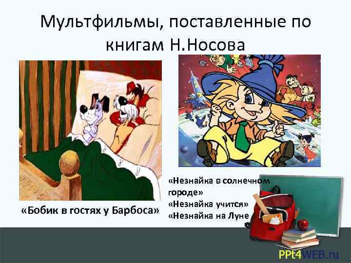 Мультфильмы, поставленные по книгам Н. Носова «Бобик в гостях у Барбоса» «Незнайка в солнечном