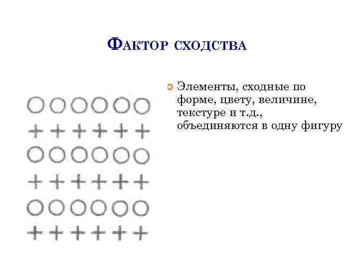 ФАКТОР СХОДСТВА Элементы, сходные по форме, цвету, величине, текстуре и т. д. , объединяются